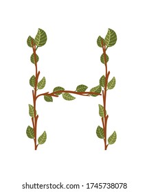 Letra H ramas de árbol marrón con hojas verdes eco fuente vectorial plana aisladas en fondo blanco