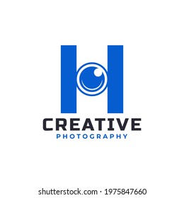 Letter H with Camera Lens Logo Design. Creative Letter Mark Suitable for Company Brand Identity, Entertainment, Photography, Business Logo Template