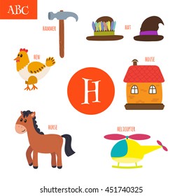 Letter H. Cartoon alphabet for children. Hen, horse, hat, house, helicopter, hammer. Vector illustration