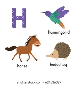 Letter H. Cartoon alphabet for children. vector illustration animal horse, hedgehog, Hummingbird