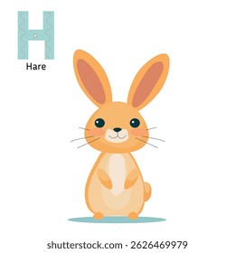 Letter H with cartoon hare cute character flat vector illustration,for the design of postcards, books, leaflets,poster, banners, birthday invitations.
