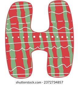 the letter H, Christmas alphabet, red and green color with white line and dot, hand drawn, isolate on white background, letters xmas illustration
