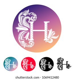 letter H in the circle, decorated with vintage, elegant flowers and leaves with veins (symbol, sign, logo)