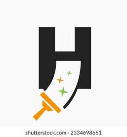 Letter H Cleaning Service Logo Design Concept With Clean Brush Symbol. House Clean Sign