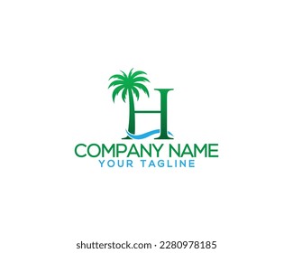 Letter H with coconut and palm tree  logo design. Summer and beach tree unique vector illustration.