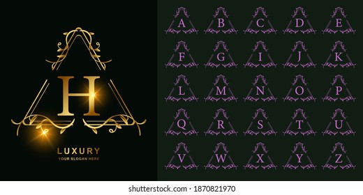 Letter H or collection initial alphabet with luxury ornament floral frame golden logo template.