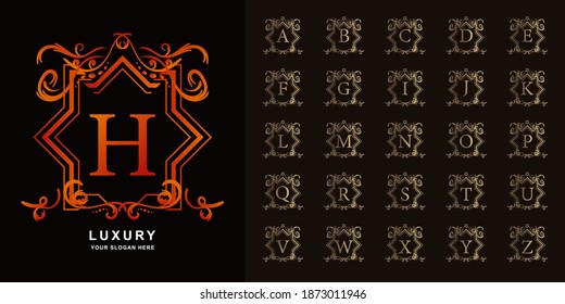 Letter H or collection initial alphabet with luxury ornament floral frame golden logo template.
