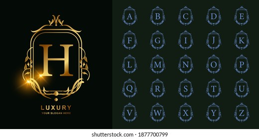 Letter H or collection initial alphabet with luxury ornament floral frame golden logo template.
