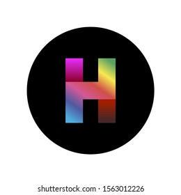 Letter H colorful gradient logo on a black round badge. Fashion style letter sign.