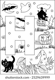 Letter H coloring page. H is for Halloween, for haunted house, for hat of witch, is for horror.
