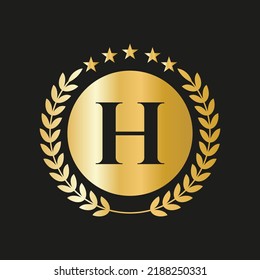 Letter H Concept Seal, Gold Laurel Wreath and Ribbon. Luxury Gold Heraldic Crest Logo Element