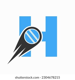 Logo des Buchstaben H mit bewegtem Ball-Symbol für Cricket Club Symbol. Cricketzeichen