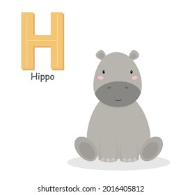 Letter H and a cute cartoon hippo. Children's English alphabet. It is suitable for the design of postcards, books, leaflets, banners, birthday invitations. Colorful vector illustration