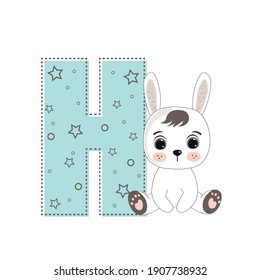 Letter H and a cute cartoon rabbit. Perfect for greeting cards, party invitations, posters, stickers, pin, scrapbooking, icons. Fashion style