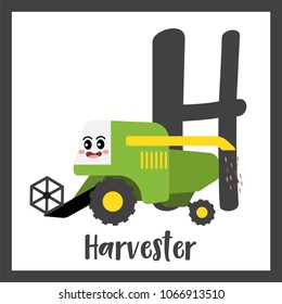 Letter H cute children colorful transportations ABC alphabet flashcard of Harvester for kids learning English vocabulary Vector Illustration.