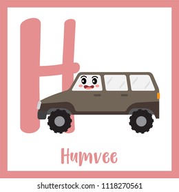 Letter H cute children colorful transportations ABC alphabet flashcard of Humvee for kids learning English vocabulary Vector Illustration.