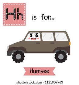 Letter H cute children colorful transportations ABC alphabet tracing flashcard of Humvee for kids learning English vocabulary Vector Illustration.