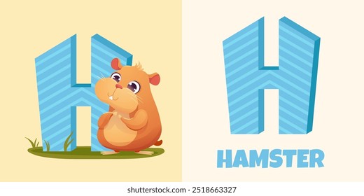 Letra H com Hamster bonito. Animal Zoo Alfabeto inglês para cartões educativos para crianças. Ilustração vetorial na visão horizontal