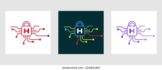 Letter H Cyber Security Logo. Internet Security Sign, Cyber Protection, Technology, Biotechnology Symbol
