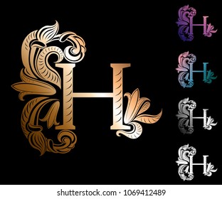 letter H, decorated with vintage, elegant flowers and leaves with streaks (symbol, sign, logo) in gold, silver and other colors