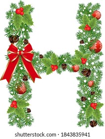 Letter H with decoration for Christmas design and New Year with spruce tree and holly red berries. Creative initial H letter vector. Creative Design vector Font for Title, Header, Lettering, Logo