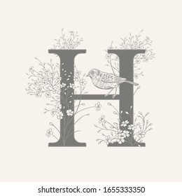 Letter H, decorative cute flowers and bird isolated. Vector decoration. Black and white. Vintage illustration. Floral pattern for greetings, wedding invitations, text design.