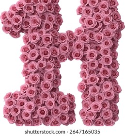 A letra "H" é representada usando um arranjo denso de rosas cor-de-rosa, criando uma representação visualmente atraente e única da carta.