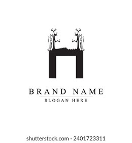 Letter H Design Logo with Creative Tree Branch. H Letter Tree Icon Logo	
