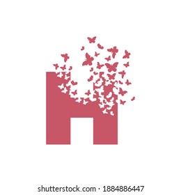 The letter H dispersing into a cloud of butterflies and moths.