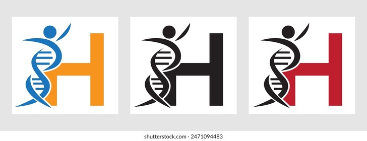 Buchstabe H DNA-Logo mit menschlichem Symbol. In: DNA Cell Icon. Gesundheitssymbol