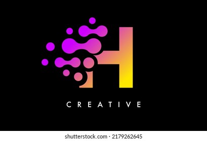 Diseño del logotipo de puntos H con colores amarillo morado en el vector de fondo negro. Letra Bubbles Icono Ilustración vectorial del logotipo