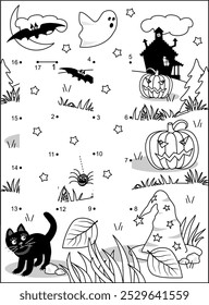 Letter H dot-to-dot educational activity sheet and coloring page. H is for Halloween, is for haunted house, for hat of witch, is for horror.
