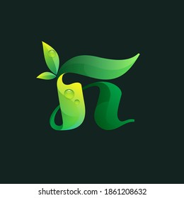 Letter H ecology logo with green leaves and dew drops. Vector icon perfect for agriculture labels, eco friendly food emblem, landscape posters and garden identity, etc.