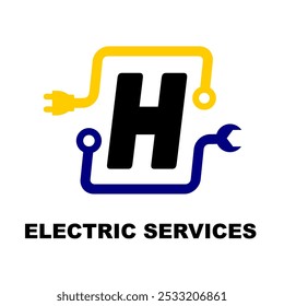 Letter H Electical Services Logo Design. Electric Brand Identity with blue and yellow theme colour vector. Modern logo for bussiness vector Ilustration