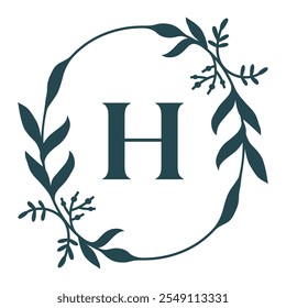 Letter H In Elegant Floral Oval Frame. Leafy Christmas Wreath. Vector  Illustration Isolated On White Background.