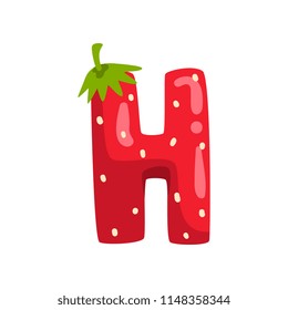 Letter H of English alphabet made from ripe fresh srawberry, bright red berry font vector Illustration on a white background