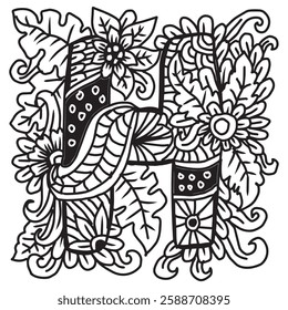 Letter H in ethnic style. Hand drawn vector illustration for coloring book