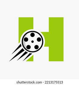 Letter H Film Logo Concept With Film Reel For Media Sign, Movie Director Symbol Vector Template