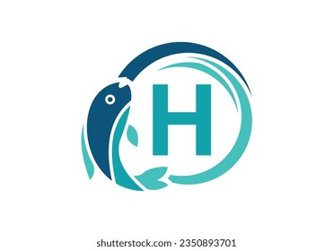 Letter H Fish Logo design. Water Animal icon. Font emblem. Modern vector logotype for business and company identity.