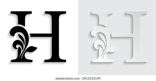 ornamento floral de la letra H. Logo del vector. Alfabeto monograma. Hermosas letras florales de mayúsculas