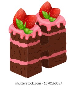 Letter H in the form of a chocolate cake with pink cream, strawberries, mint, tasty letter isolated on a white background, stock vector illustration, for food and decor, print, sticker, 3D
