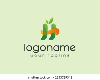 Letter H with fresh leaf gradient logo design vector
