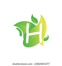 Letter H with fresh leaf gradient logo design vector