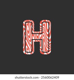 Letter H from fresh raw meat fish. Vector latin meat alphabet. Red meat salmon font for restaurants, butcher shop, farmers market, Salmon fillet marble texture, fish pattern. 