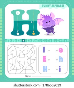 Letter H and funny cartoon bat. Alphabet a-z. Coloring page. Printable worksheet.	