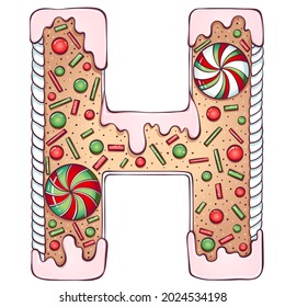 Letter H. Gingerbread Cookies in the form of letters h. Cartoon color vector font made in hand drawn line art style isolated on white. Lettering logo template. Christmas or New Year concept design.