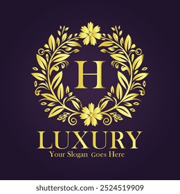 Letter H golden flower logo vector template.