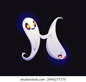 Letra H Fuente de fantasma de Halloween, tipografía de miedo, tipo malvado de horror, alfabeto de monstruo espeluznante. Vector Otoño Vacaciones Niño ABC personaje, divertidos fantasmas sonrientes con ojos brillantes amarillos, símbolo de tipografía