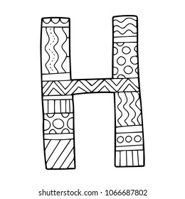 Letter H hand drawn in black outlines. Perfect for coloring book or page for children. 