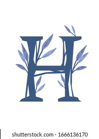 Letter H hand drawn tree branches with leaves botanical flowers floral hand drawn scandinavian style art design element flat vector illustration